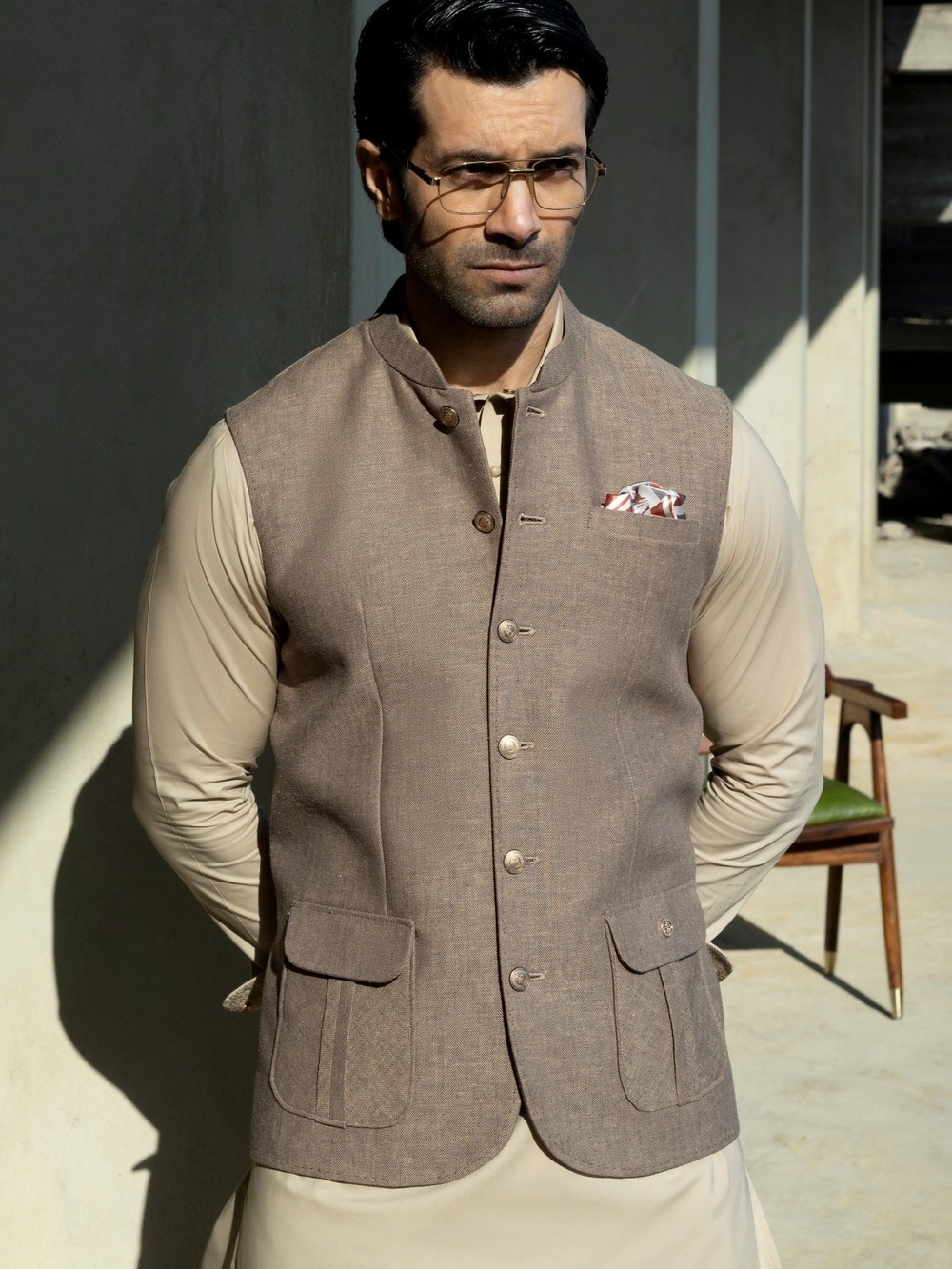 Pakistani Men's Jdot Luxury Cast & Crew Cotton Shalwar Kameez & Tweed Waistcoat